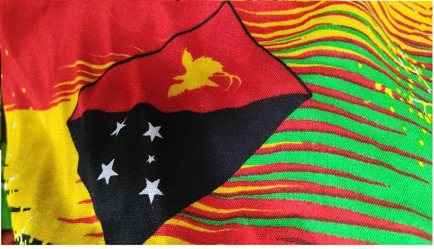 PNG Fabric - Rayon Red/Black/Green with PNG Flag 1.1m wide